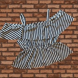 SHEIN curve navy blue & white stripe off shoulder peplum top